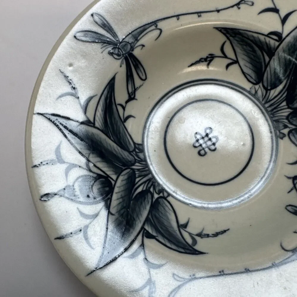 Bat Trang Vietnamese Hand Painted Pottery 2 Bowl heart trinket dish Dragonflies